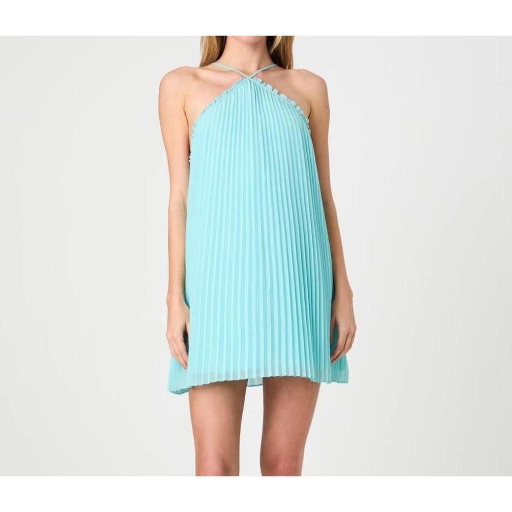 French Connection Mini Dress Pleated Halter Aqua Chic Coastal Euro Summer S